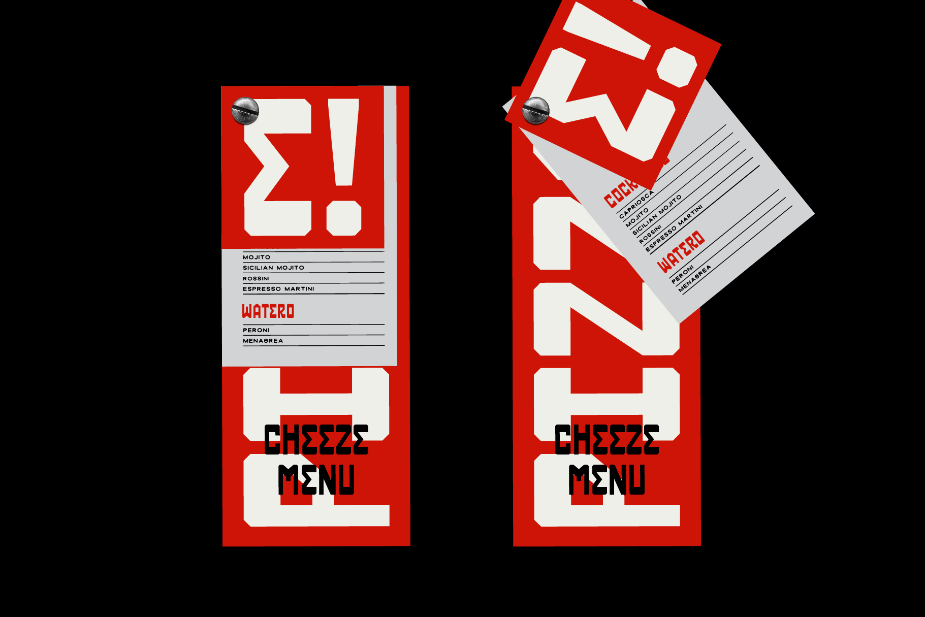Red geometric menu design mockup with takeout tag attached showing drink options