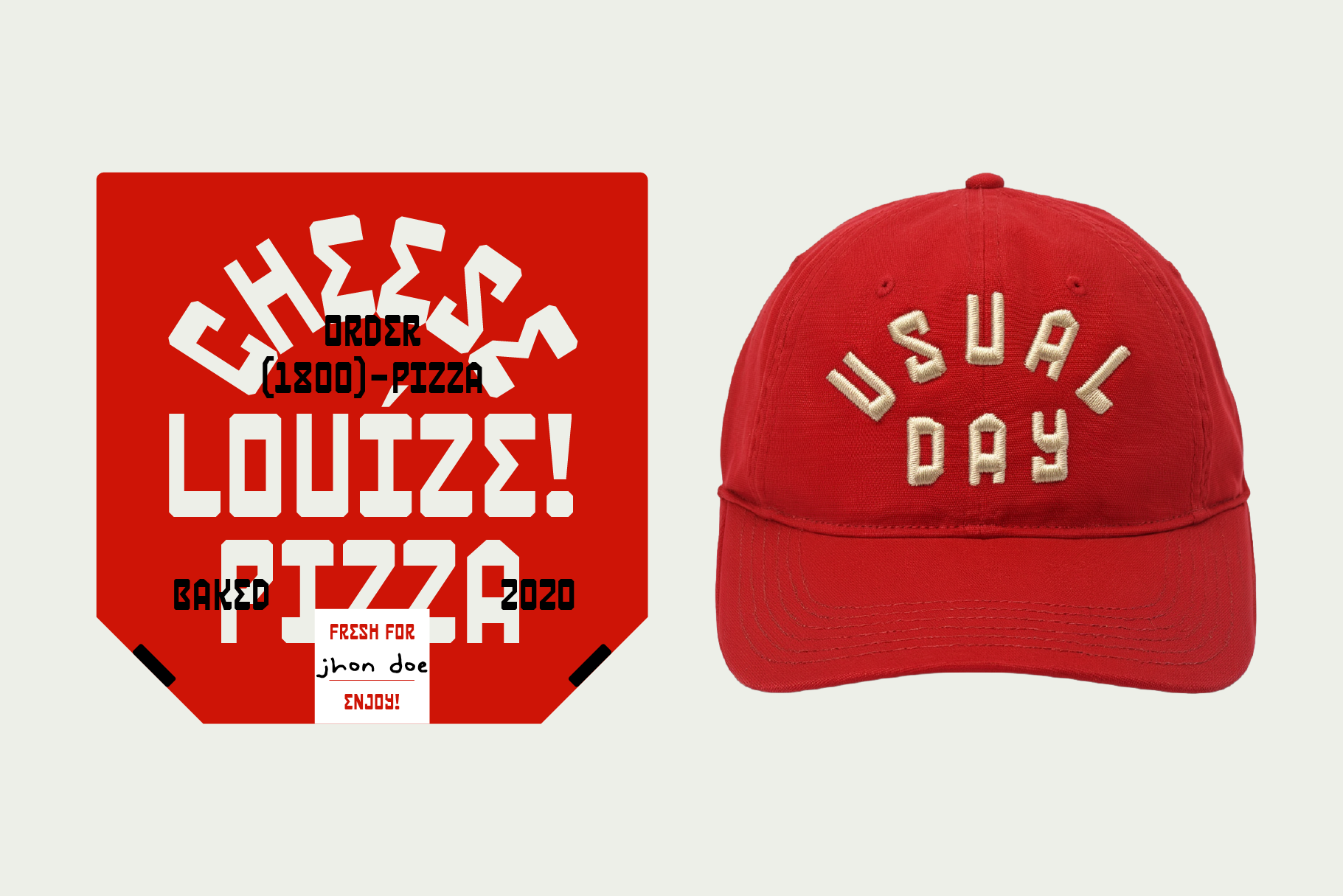 Red pizza box design mockup with embroidered red baseball cap showing text overlay