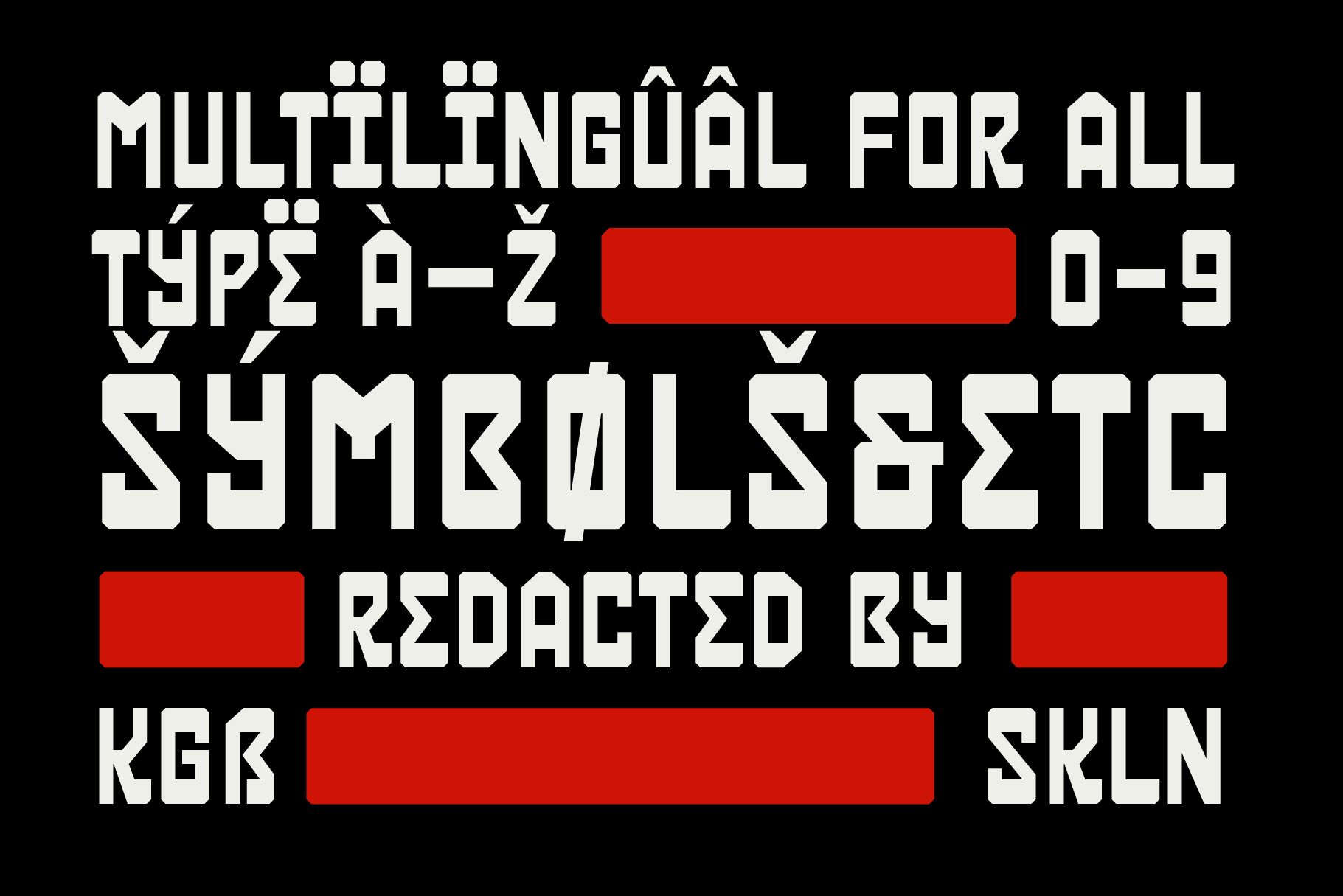 Multilingual sans serif typeface displayed with red accent boxes highlighting character sets