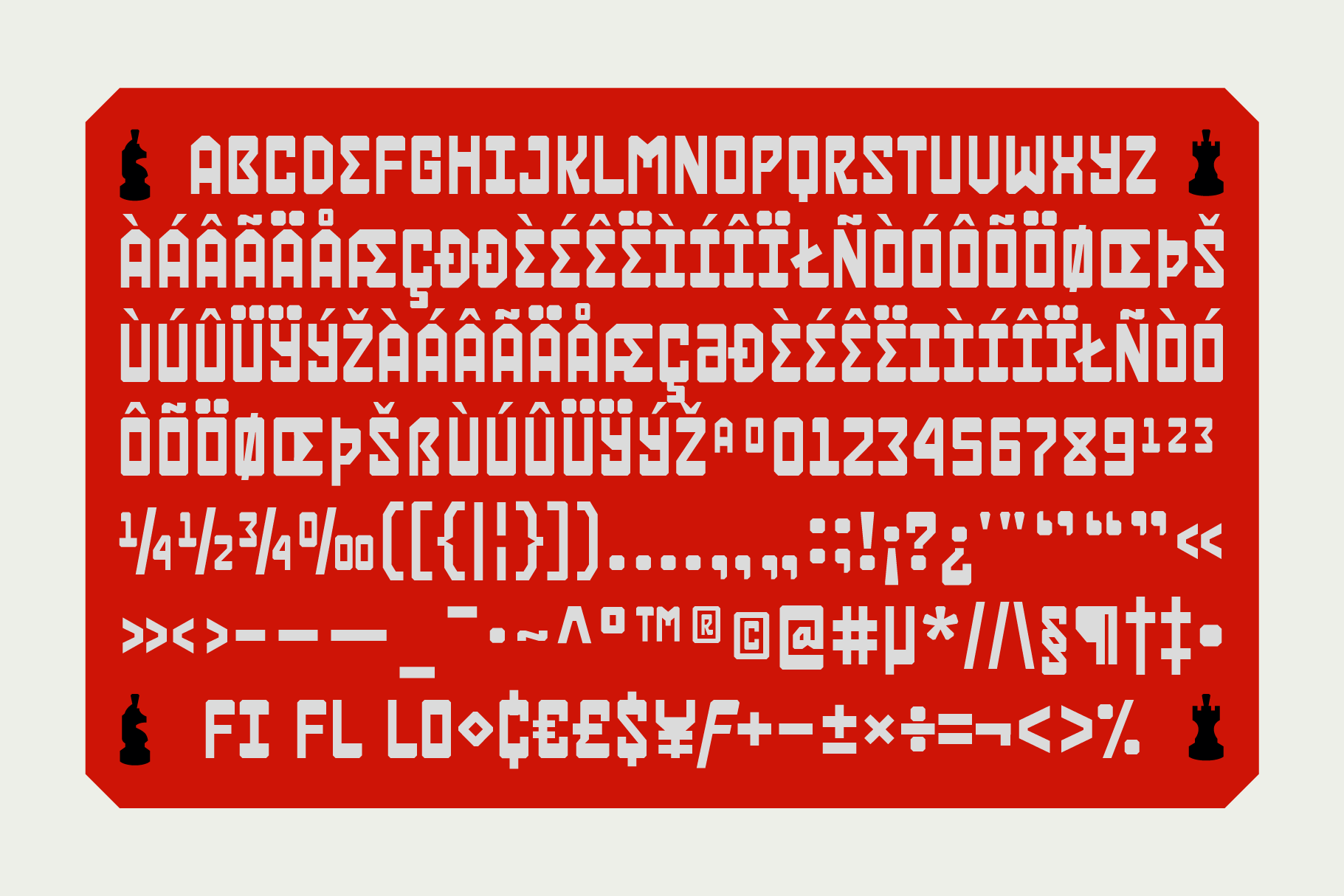 Complete font character set with numbers symbols accents displayed on red card shape