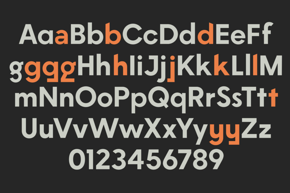 Stanley Sans complete alphabet character set in bold weight on dark background with orange highlights