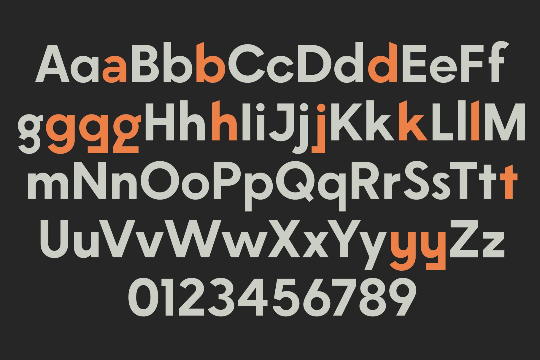 Stanley Sans complete alphabet character set in bold weight on dark background with orange highlights
