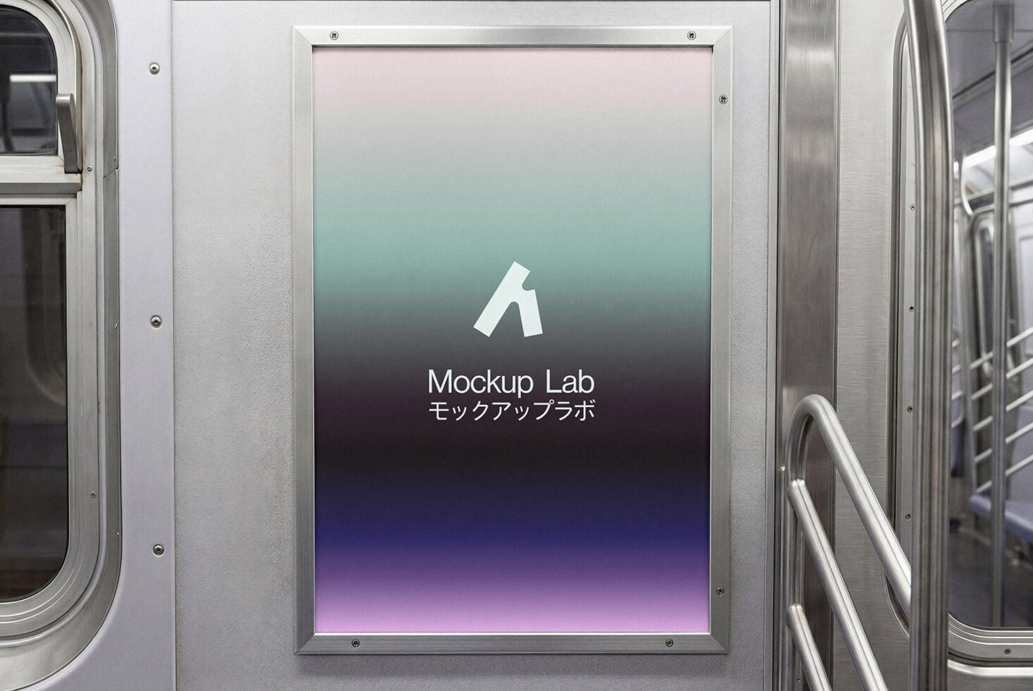 Transit station wall-mounted display mockup with pastel to purple gradient background