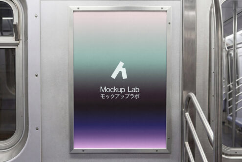 Transit station wall-mounted display mockup with pastel to purple gradient background