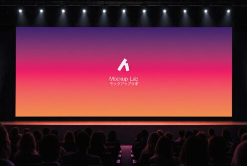 Cinema screen mockup with vibrant gradient backdrop, audience silhouettes, stage lights overhead