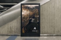 Subway kiosk screen showing aerial mountain landscape with Mockup Lab branding