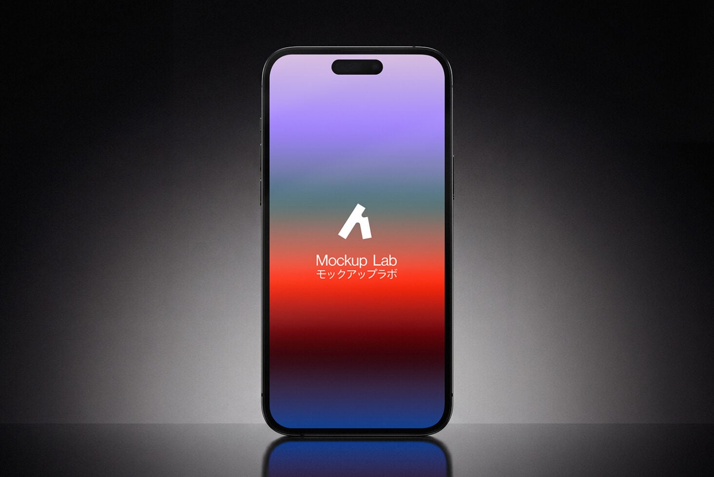 iPhone with vibrant gradient screen showing Mockup Lab logo in white