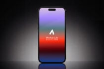iPhone with vibrant gradient screen showing Mockup Lab logo in white
