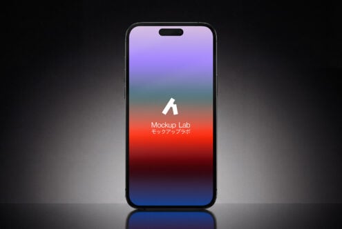 iPhone with vibrant gradient screen showing Mockup Lab logo in white