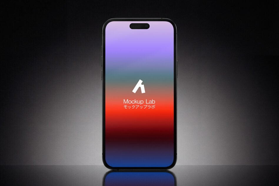 iPhone with vibrant gradient screen showing Mockup Lab logo in white