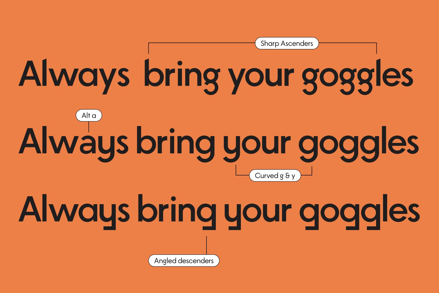 Stanley Sans font sample with feature callouts showing sharp ascenders, alt a, curved g, angled descenders