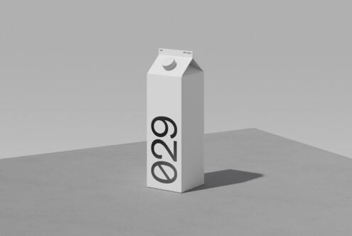 Minimalist milk carton mockup with clean typography on white packaging, cast shadow included