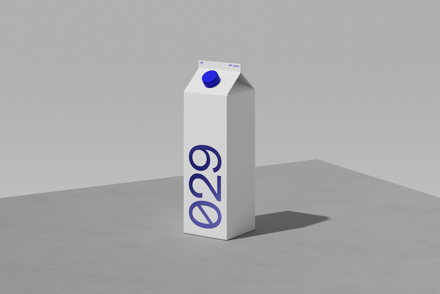 Milk carton mockup with blue cap, e29 branding on side, neutral gray background