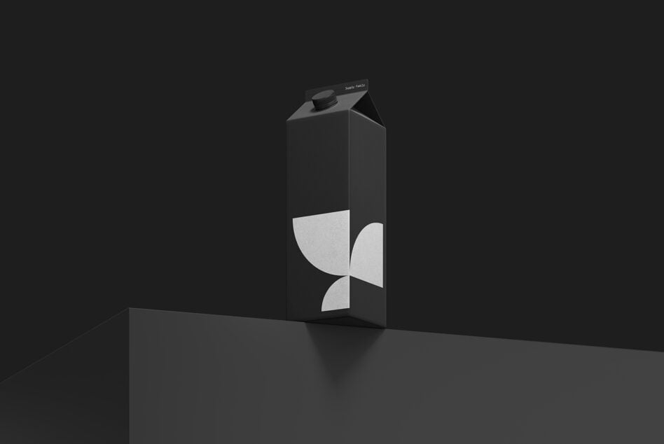 Black carton box mockup with geometric white shapes on dark background