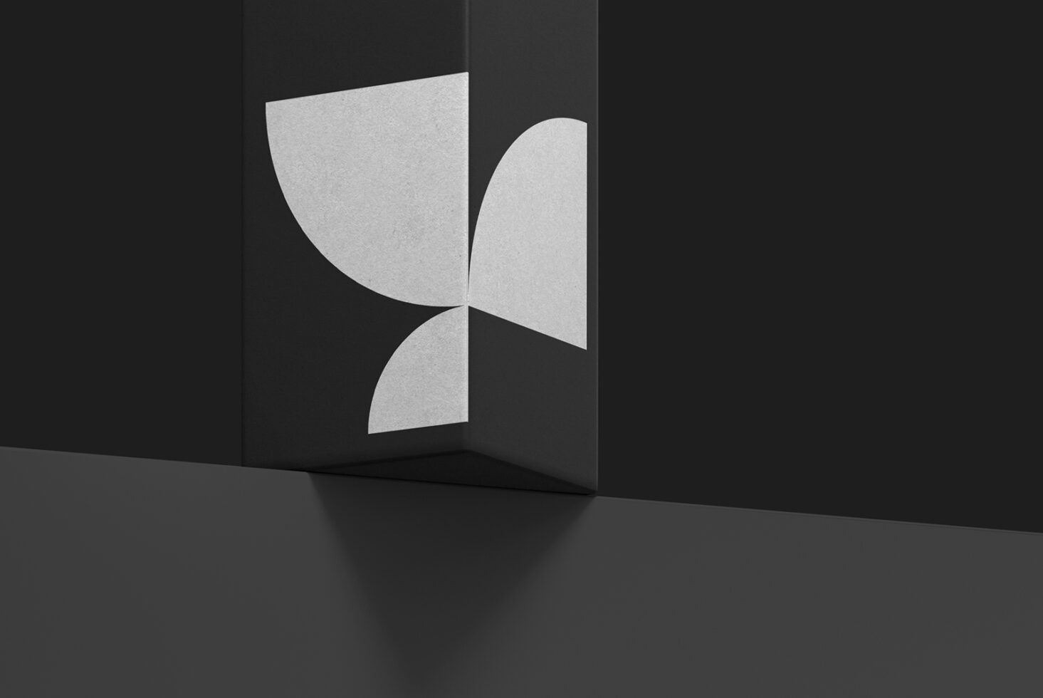 Minimalist geometric logo mockup on dark folded paper with curved shapes