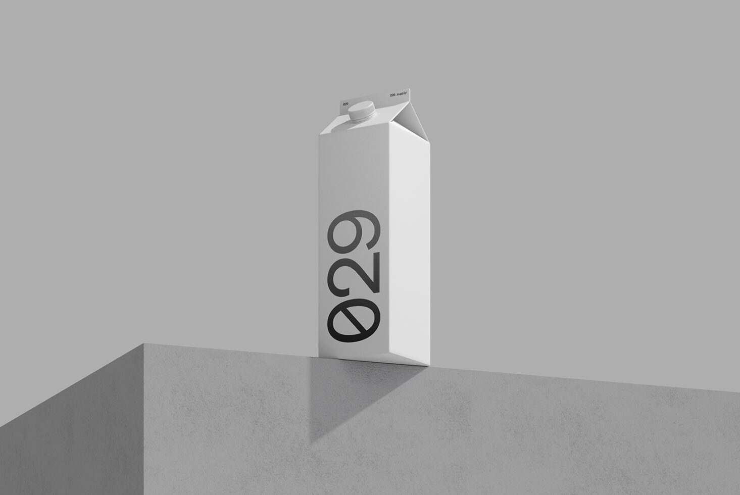 Tall white carton mockup with bold number design on concrete platform, grey background