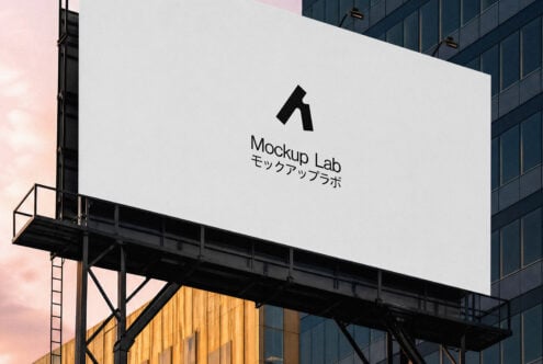 Billboard mockup with logo displayed on urban rooftop against modern buildings