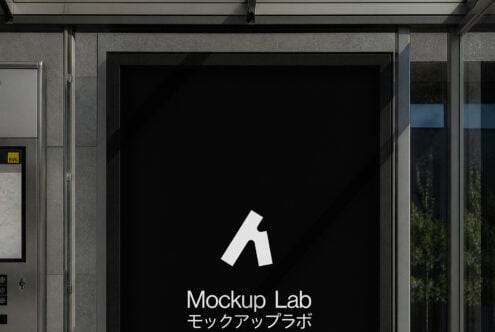 Modern storefront window mockup with bilingual branding in sleek minimalist style