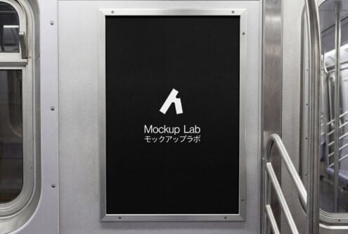Urban transit interior billboard mockup with black screen framed in brushed aluminum