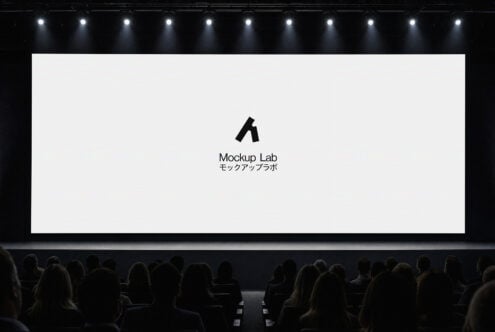 Cinema screen mockup with logo display, audience silhouettes, theatrical lighting overhead