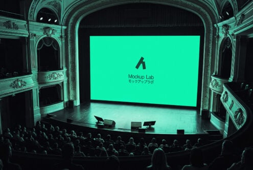 Elegant turquoise theater interior with large screen displaying bright green Mockup Lab logo on stage