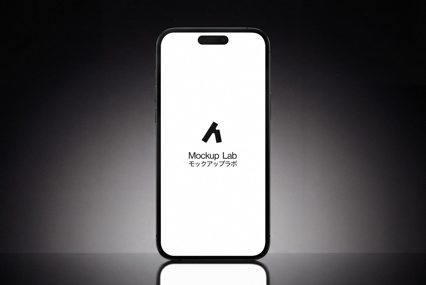 iPhone with white screen displaying Mockup Lab logo in black with Japanese text