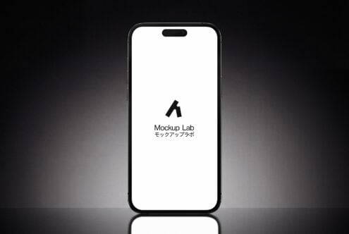 iPhone with white screen displaying Mockup Lab logo in black with Japanese text