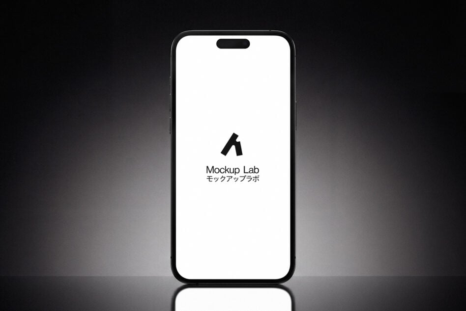 iPhone with white screen displaying Mockup Lab logo in black with Japanese text