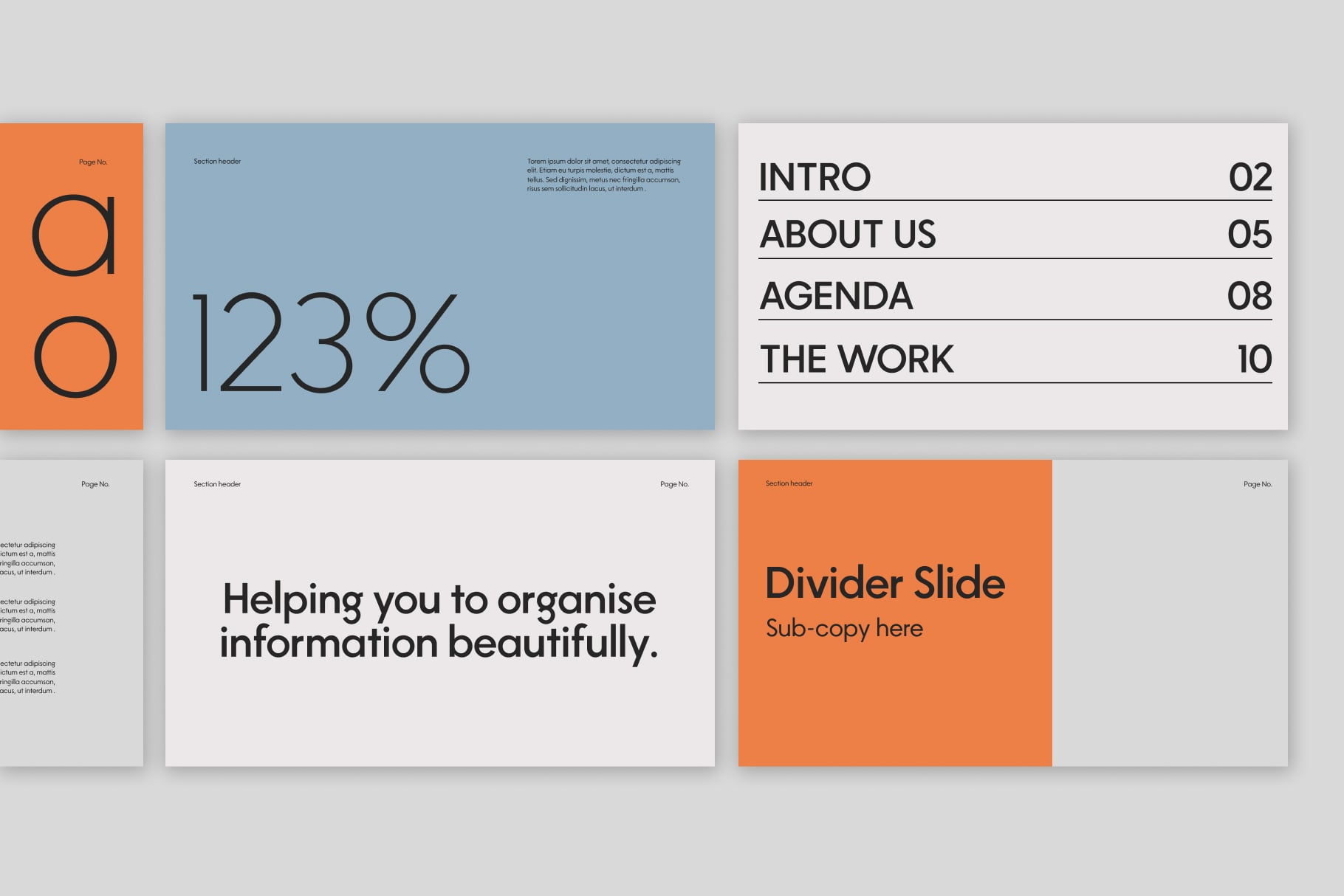 Presentation template spread with orange, blue grey, white sections showing table of contents layout