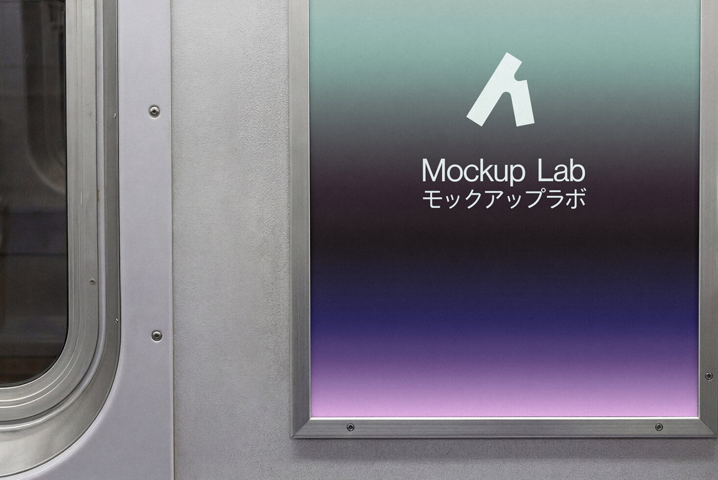 Transit shelter display with teal to purple fade gradient showing Mockup Lab branding