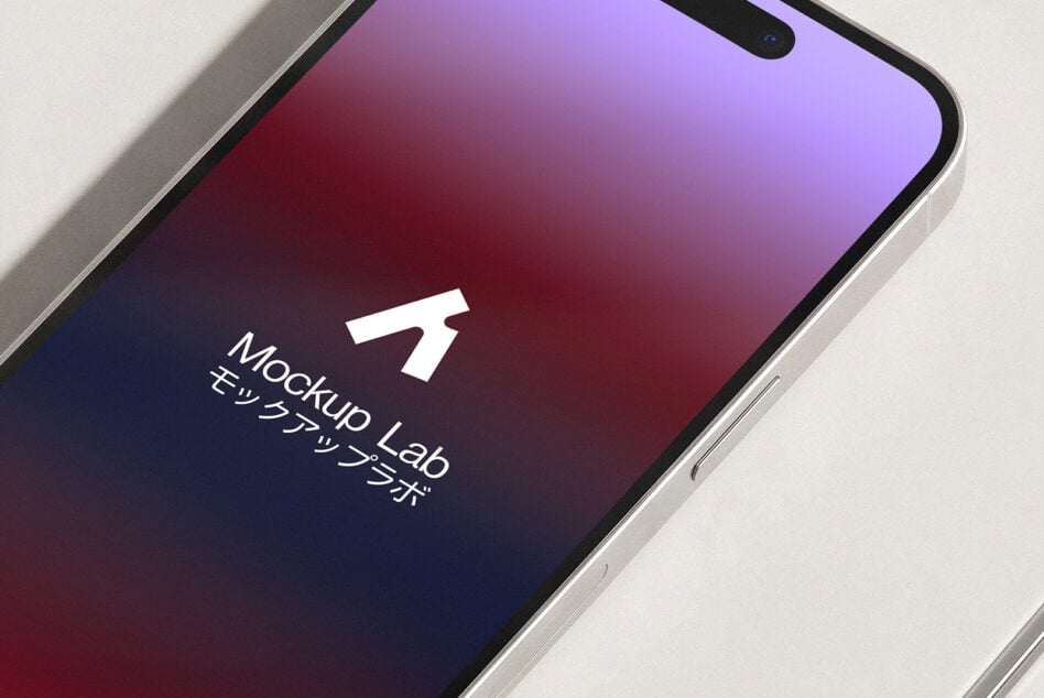 Notch phone displaying gradient from purple to magenta with Mockup Lab branding