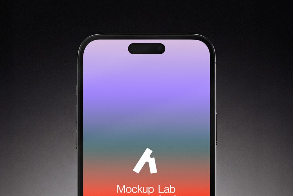 iPhone with purple to coral gradient screen showing Mockup Lab logo