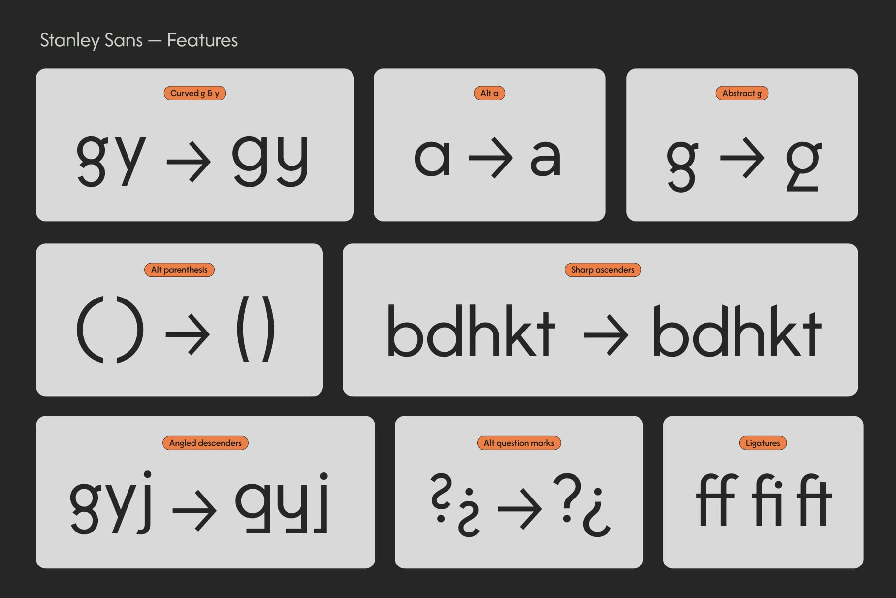 Stanley Sans font feature set showing curved g, alt a, abstract g, parenthesis alternates, sharp ascenders, angled descenders, question marks, ligatures