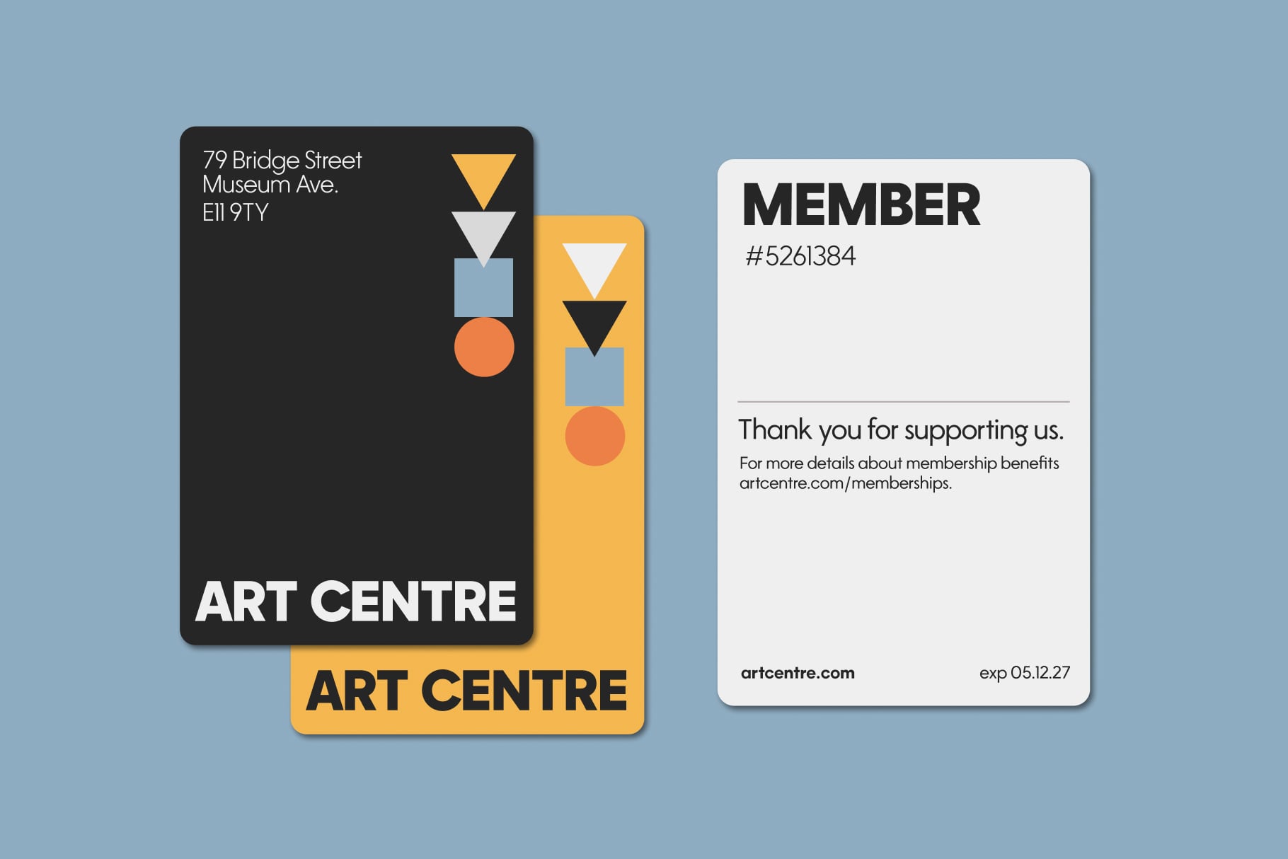 Art Centre membership card with geometric shapes next to member details card