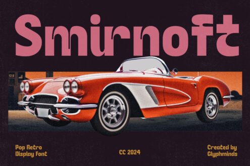 Retro pink display font over vintage orange car illustration on dark background
