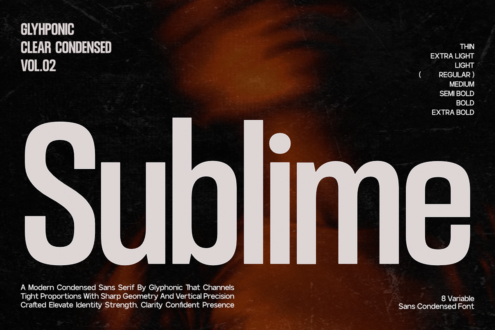 Glyphonic Clear Condensed Vol.02 modern sans serif with 8 variable weight options