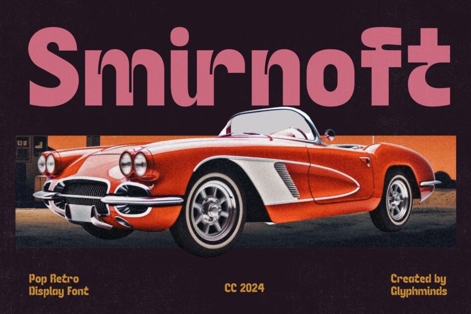 Retro pink display font over vintage orange car illustration on dark background