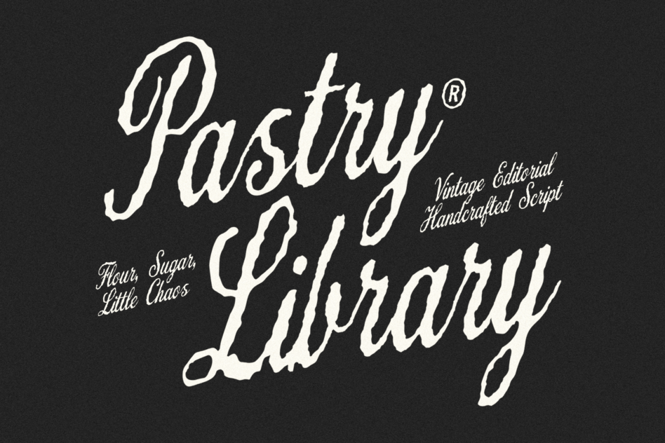 Pastry Library font on dark background Vintage Editorial Handcrafted Script Text design Retro Typography Flour Sugar Little Chaos fonts for designers