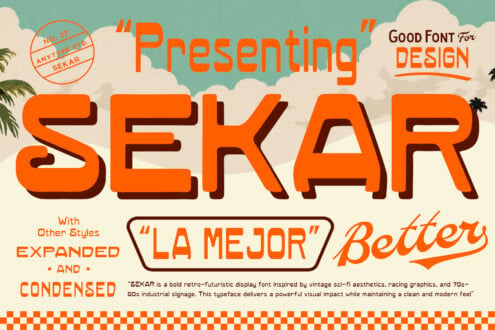 Sekar bold retro display font with tropical clouds, 3D shadow effect, orange typography on teal background