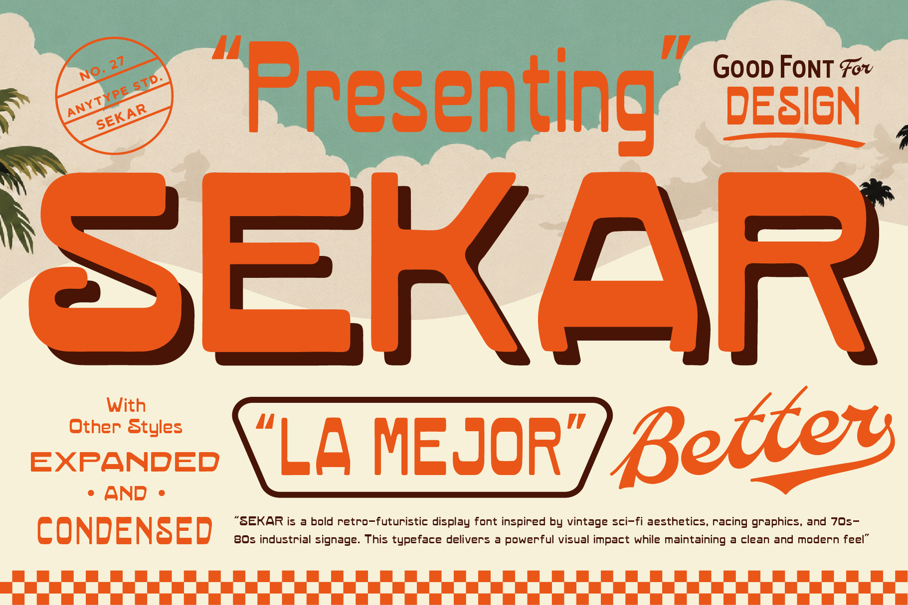 Sekar bold retro display font with tropical clouds, 3D shadow effect, orange typography on teal background