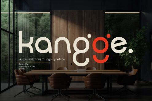 Modern interior with Kangoe typeface displayed on wooden wall in cream with red accents