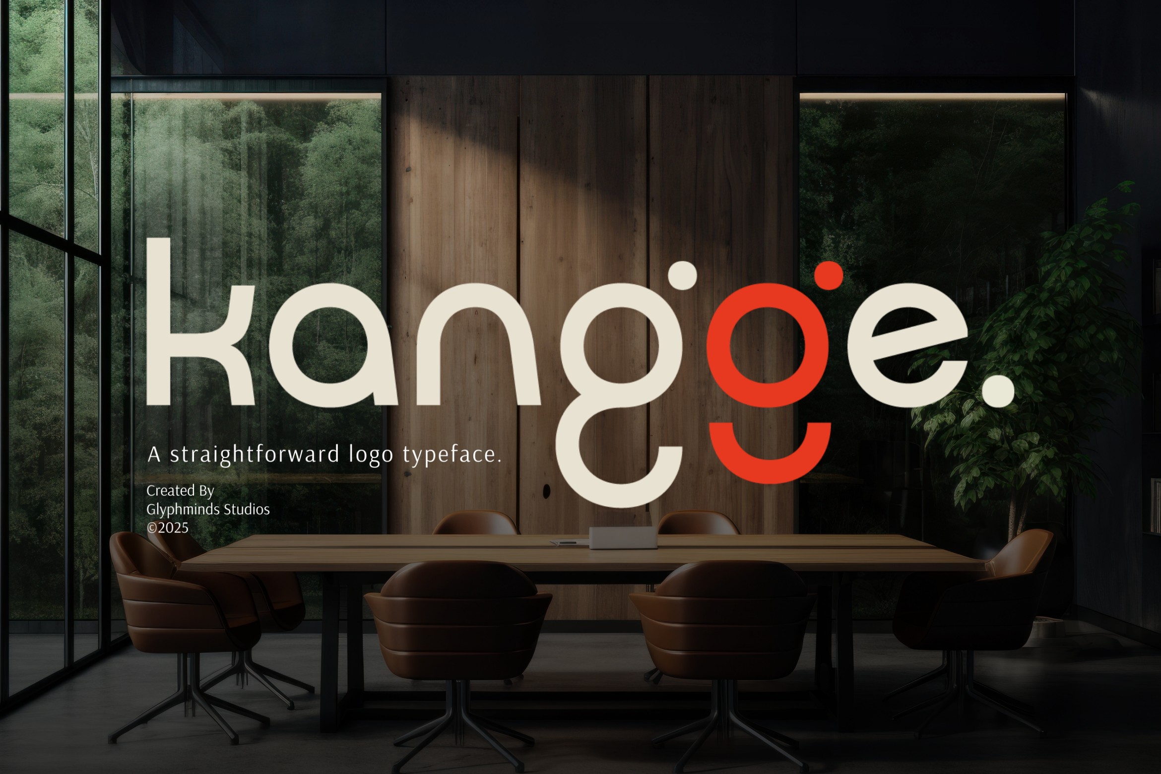 Modern interior with Kangoe typeface displayed on wooden wall in cream with red accents