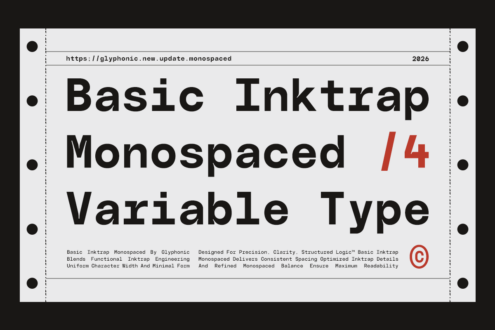 Variable type specimen showing Basic Inktrap Monospaced with optical sizing details