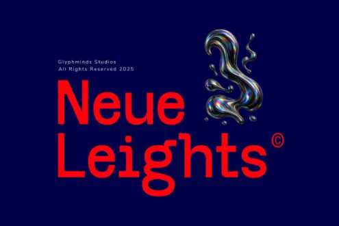 Neue Leights typeface in bold red letters on dark blue background