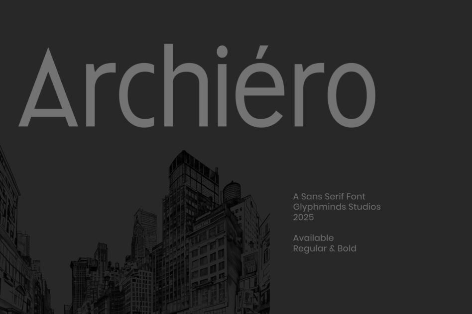 Archiero typeface specimen with cityscape backdrop Regular Bold weights