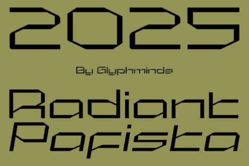 2025 font family sample in olive with blocky geometric letterforms by Glyphminds