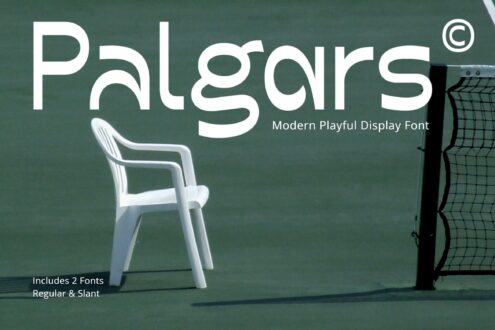 Palgars modern playful display font mockup with white chair volleyball net green backdrop