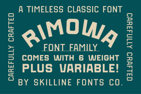 Rimona font family sample with 6 weight variations, teal background with cream serif lettering