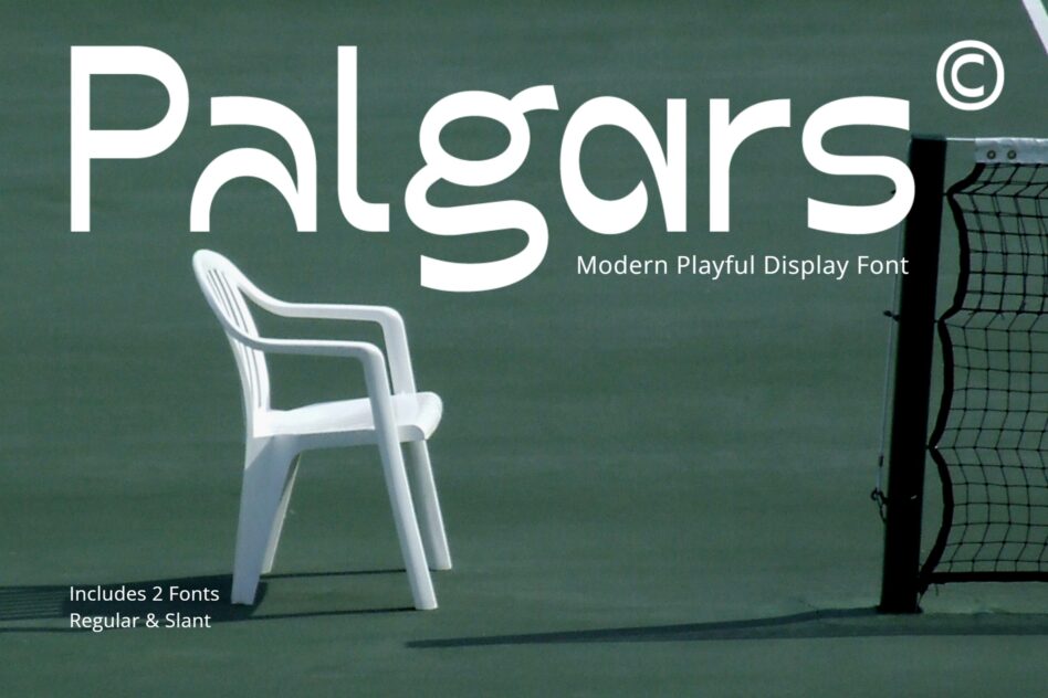 Palgars modern playful display font mockup with white chair volleyball net green backdrop