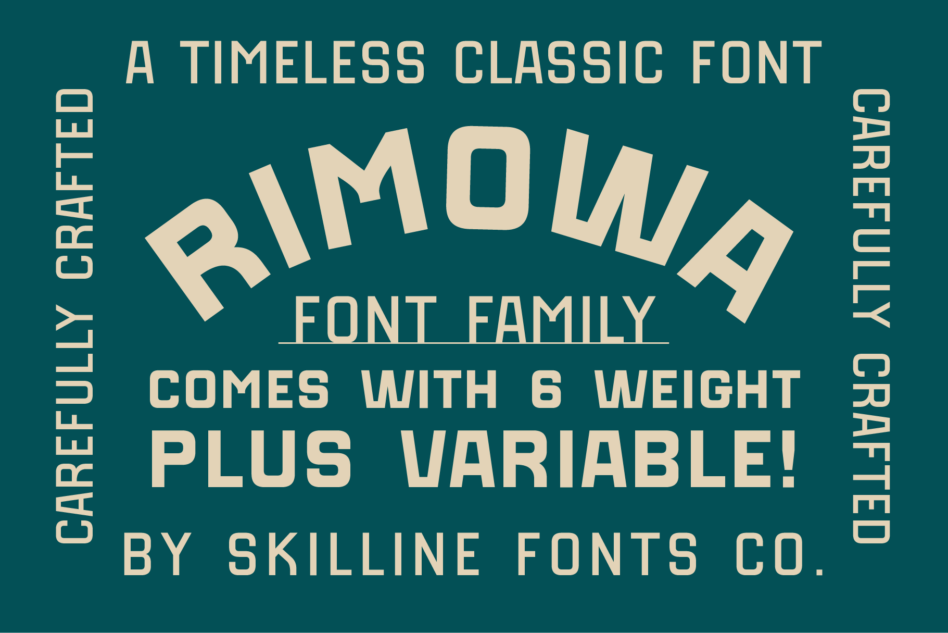 Rimona font family sample with 6 weight variations, teal background with cream serif lettering
